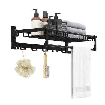Tangkula Wall Mounted Foldable Towel Rack w/ Adjustable Towel Bar & Movable Hooks Black