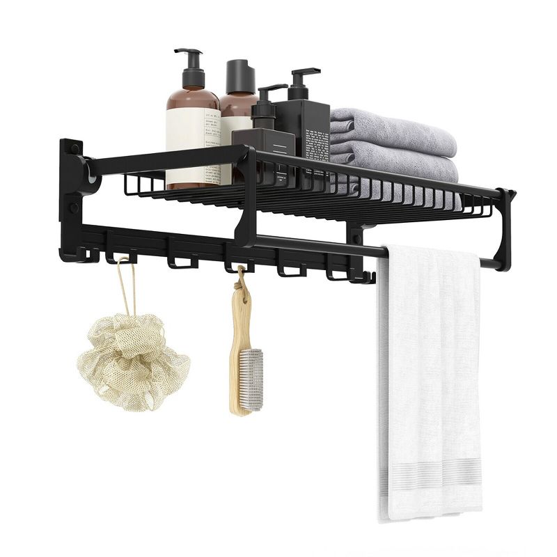 Tangkula Wall Mounted Foldable Towel Rack w/ Adjustable Towel Bar & Movable Hooks Black, 1 of 11