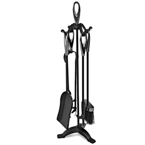 Tangkula Hearth Tool 5 sets Pendant Tongs Fire Hook Brush Shovel Black w/ 25" Pedestal Base - 1 of 4