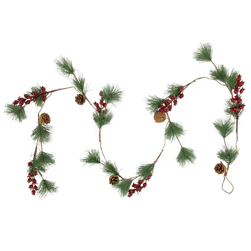 Northlight Pre-Lit Battery Operated Pine and Berry Christmas Garland - 6.5' - Warm White LED Lights, 4 of 7