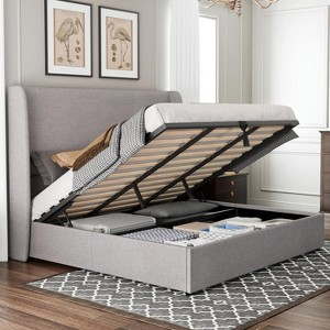 King Bed Frame with Lift Up Storage,Linen Upholstered Platform Bed,Wingback Headboard,Light Gray - 1 of 4