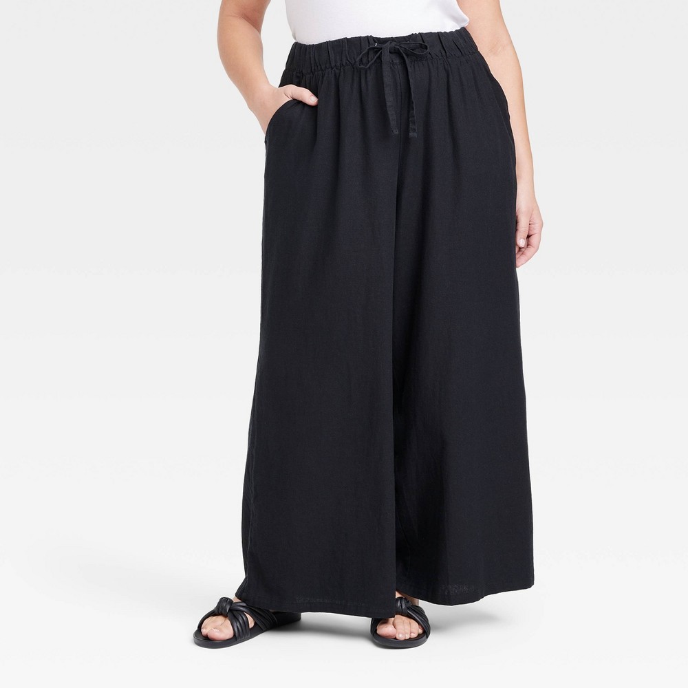 Women's High-Rise Wide Leg Linen Pull-On Pants - Ava & Viv™ Black 1X