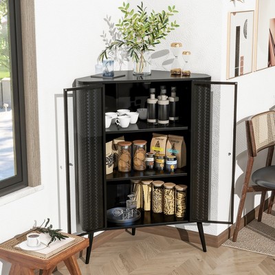 VYNXARIA Modern 3-Tier Corner Storage Cabinet with Glass Doors & Removable Shelves ¨C Space-Saving Organizer for Kitchen, Bathroom & Living Room