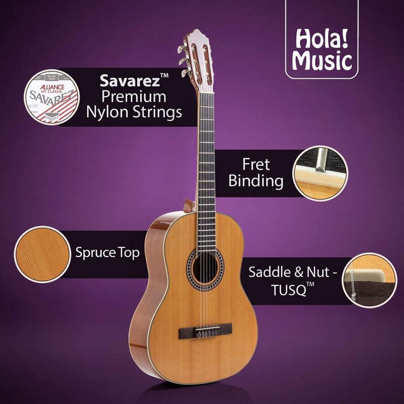 Hola! Music Pre Strung 39" Full Size Classical Guitar with Soft Savarez Nylon Strings and Padded Gig Bag, Natural Gloss Finish, 3 of 7
