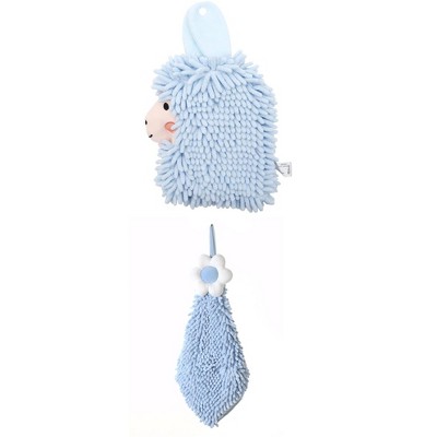 REGALWOVEN Soft Absorbent Flower Pattern and Sheep Pattern Chenille Hand Towel with Loop 6" x 15"/7" x 11" 2 Pcs