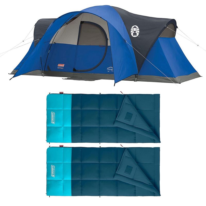 Coleman Montana 8 Person Cabin Camping Hiking Tent with Hinged Door, Blue & Kompact Lightweight Degree 20 Fahrenheit Sleeping Bag (2 Pack), 1 of 6