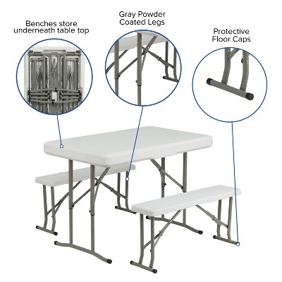 Granite White Metal Folding Table and Bench Set