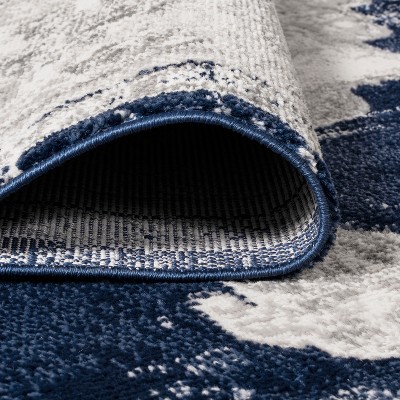 Ivory and Navy Synthetic Medallion Runner Rug