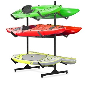 2-6 Kayak Freestanding Storage Rack - Heavy-Duty Steel Kayak Holder with Movable Wheels & Hanging Straps for Outdoor Use (Select Size, Black) - 1 of 4