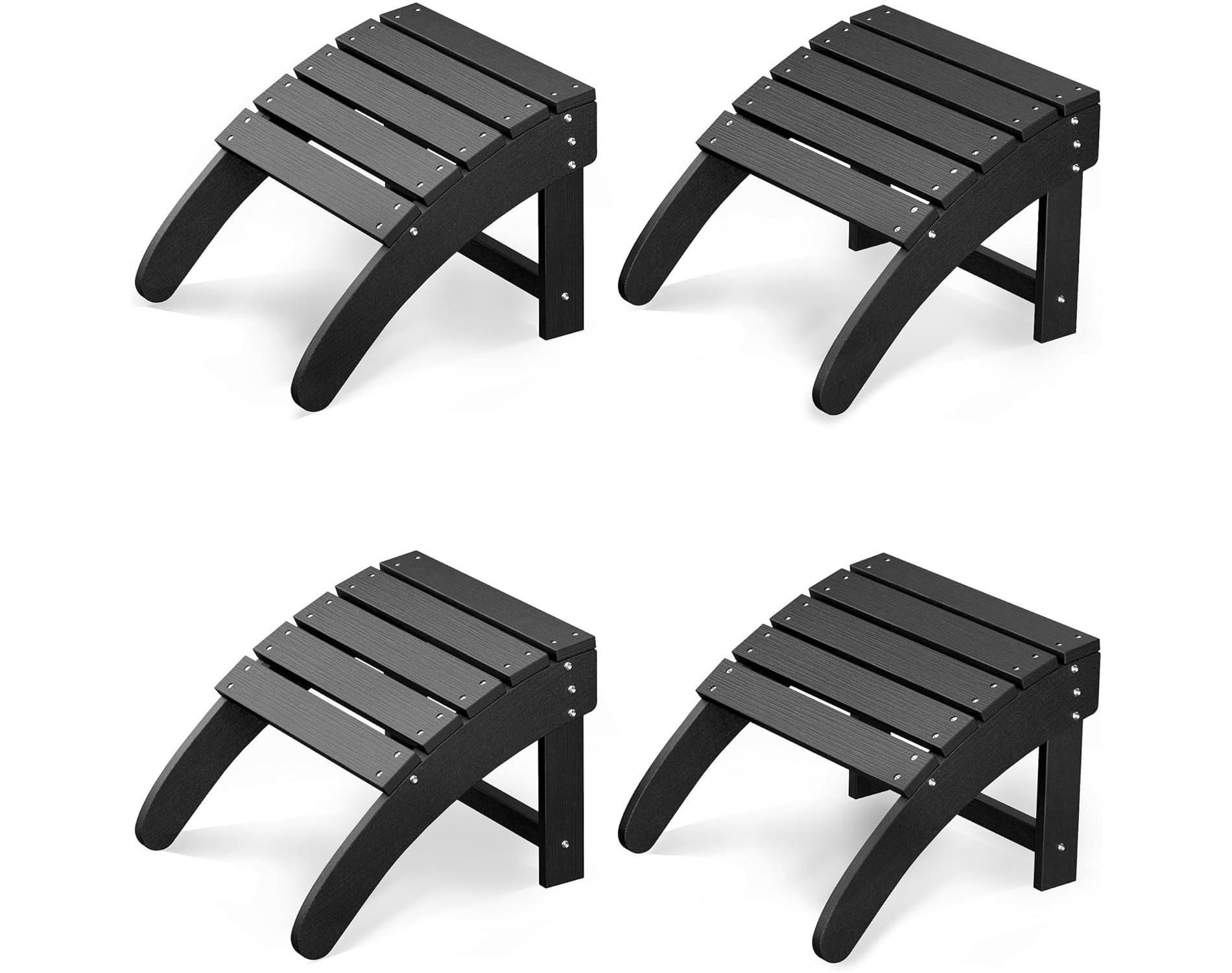 TackView HDPE Adirondack Ottoman Footrest - Weather Resistant Outdoor Footstool for Porch Pool Lawn Backyard Black 4/CN
