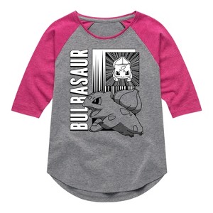 Girls' - Pokémon - Bulbasaur Anime Battle- Girls Raglan Graphic T-Shirt Shirt Tail Raglan Graphic T-shirt - 1 of 4