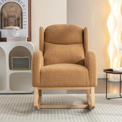 38"Teddy Fabric Rocking Chair With Packet Wood Legs,khaki