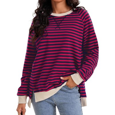 ATHLECHIC Women's Split Hem Striped Color Block Crew Neck Casual Loose Oversized Sweatshirt Shirt Tops