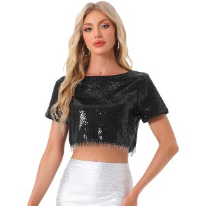 INSPIRE CHIC Women's Sequin Glitter Short Sleeve Cropped Round Neck Tassel Cocktail Party Sparkly Top - 1 of 4