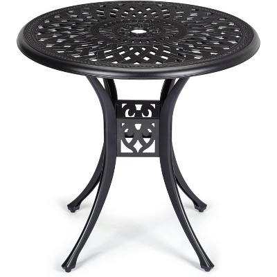 Round Outdoor Bistro Table with Umbrella Hole and Adjustable Feet, Cast Aluminum Patio Table