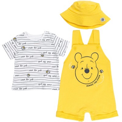 Disney Winnie the Pooh Mickey Mouse Tigger Baby French Terry Short Overalls T-Shirt and Hat 3 Piece Outfit Set Newborn to Infant 