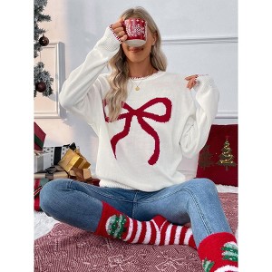 Women's Bow Print Drop Shoulder Long Sleeve Sweater Crew Neck Knit Fall Tops - 1 of 4