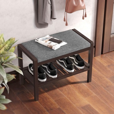 Brown Bamboo Shoe Bench with Gray Upholstered Seat and Storage Shelf