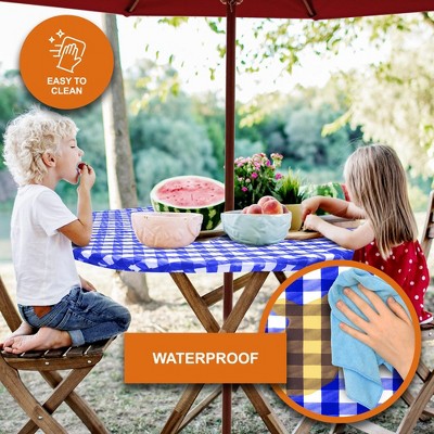 Blue Checkered Vinyl Round Fitted Tablecloth with Umbrella Hole