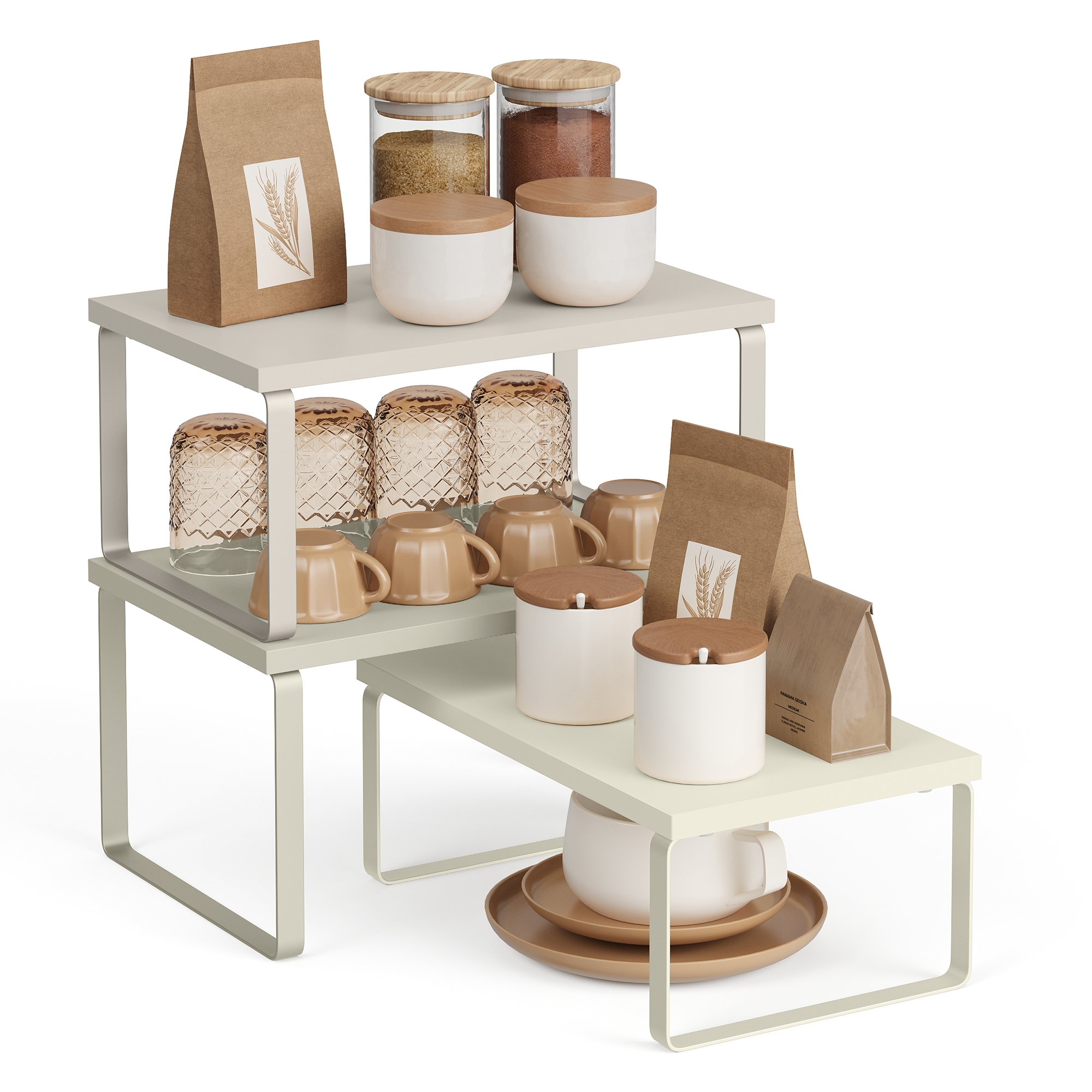 SONGMICS Cabinet Organizer Shelf, Set of 3 Kitchen Counter Shelves, Kitchen Storage, Stackable, Expandable, Metal and Bamboo, Beige and Cream White