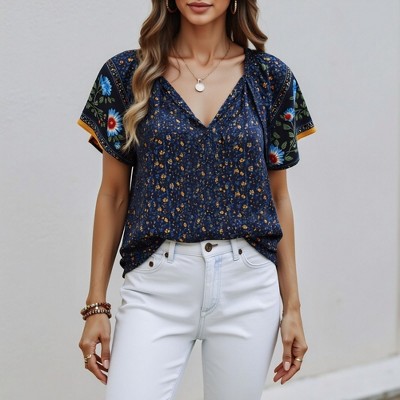 Knit & Lounge Women’s Mixed Floral Print Short Sleeve Blouse V-Neck Button Front Relaxed Fit Lightweight Top