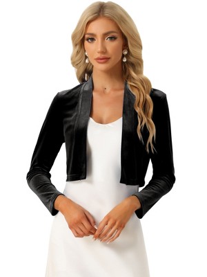 INSPIRE CHIC Women's Velvet Long Sleeve Shawl Neck Open Front Cropped Bolero Cardigan