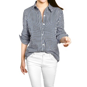 INSPIRE CHIC Women's Striped Button Down Roll-up Long Sleeves Point Collar Shirt - 1 of 4