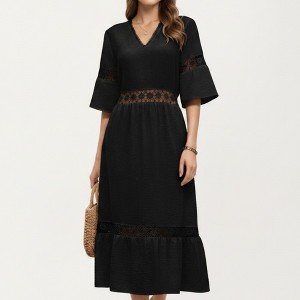Anna-Kaci Women's V Neck Midi Dress with Lace Trim Paneling and Short Wide Sleeves Flowing Silhouette - Small, Black