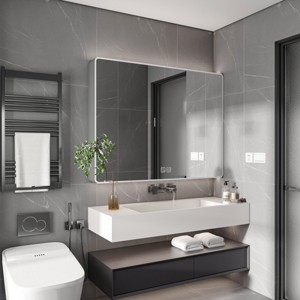 SEVOBAL Bathroom Storage Cabinet Modern Mirror Cabinet with Cosmetic Rack and Hair Dryer Holder for Organized Space, Grey, 35.43"*27.56"*4.92" - 1 of 4