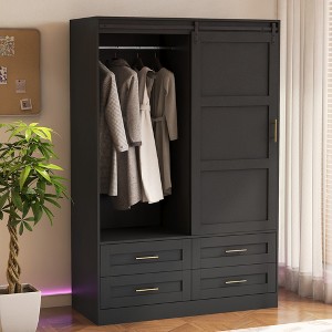 KTMBDW Armoire Wardrobe Closet, 71" H Wooden Clothing Storage Cabinet with Barn Door and 2 Drawers, Bedroom Freestanding Wardrobe with Hanging Rod - 1 of 4