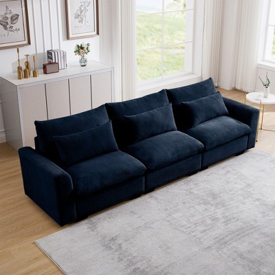 Okak Comfy Sofa with 3 Waist Pillows, Modern Corduroy Upholstered Couch 3 Seater Deep Seat for Living Room,Apartment, Blue