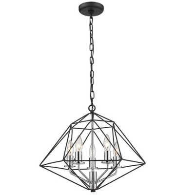 Chrome and Matte Black Geometric Cage 5-Light Chandelier