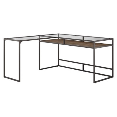 60W Anthropology Glass Top L Shaped Desk with Shelf Rustic Brown Embossed - Bush Furniture