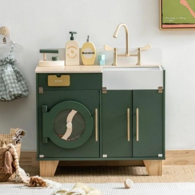 INFURNIC Play Food and Toy Kitchens Wooden Washing Machine Set with Accessories for Playroom, Green, 27.5"*11.4"*23"
