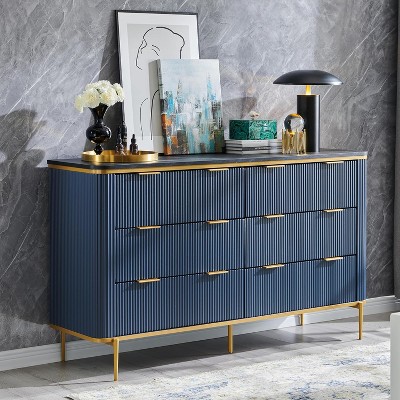 SinCiDo Fluted 7 Drawer Modern Dresser, 54" Wide Dresser TV Stand with Gold Accents, Wood Storage Organizer for Bedroom, Living Room