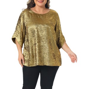 Agnes Orinda Women's Plus Size Metallic Sparkly Crew Neck Button Decor 3/4 Sleeve Casual Patry Blouses - 1 of 4