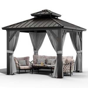 Outdoor Galvanised Steel Hardtop Gazebo, Heavy Duty Double Roof Outdoor Gazebo with Netting and Sunshade Curtains, Aluminium Framed Gazebo for Patio - 1 of 4