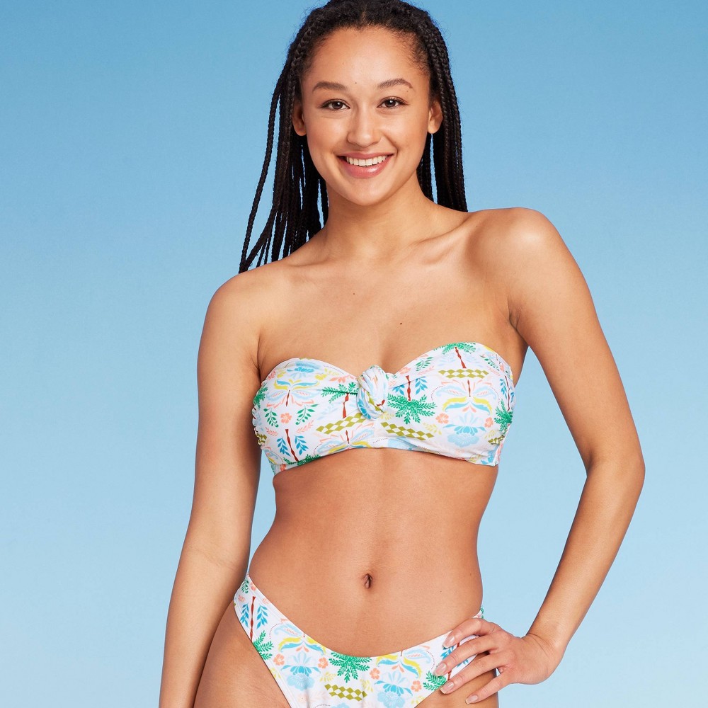 Photos - Swimwear Women's Knot-Front Bandeau Bikini Top - Wild Fable™ White Palm Tree Print