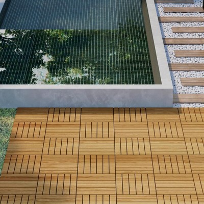 Dolonm 30 PCS Acacia Hardwood Deck Tiles - 12"x12" Interlocking Waterproof Flooring, Striped Yellow for Patio/Poolside, DIY Easy Install