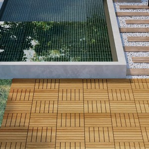 Dolonm 30 PCS Acacia Hardwood Deck Tiles - 12"x12" Interlocking Waterproof Flooring, Striped Yellow for Patio/Poolside, DIY Easy Install - 1 of 4