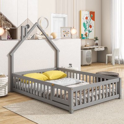 CAVINAS House-Shaped Headboard Floor Bed with Fence for Children, Twin Size Bed Frame, Wood Platform Bed with  Latched Door
