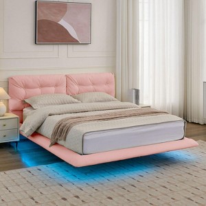 KTMBDW Floating Bed Frame Queen with Button Tufted Headboard and LED Lights,Upholstered Platform Bed Station,No Box Spring Needed,PU - 1 of 4