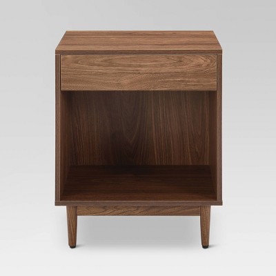 Liam Mid-Century Walnut Wood Side Table with Record Storage