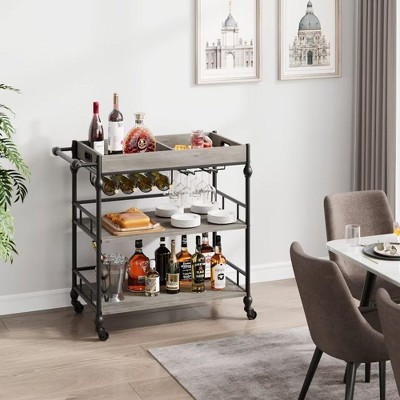 Bar Cart with Wheels, 3 Tier Rolling Cart with Wine Rack and Removable Tray