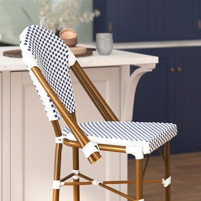 Lourdes White and Navy Rattan Bistro Bar Stools, Set of 2