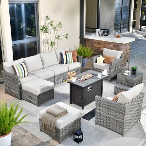Tenaya 10pc Wicker Outdoor Patio Furniture Set Conversation Sofa with a Metal Fire Pit and Cushions - 1 of 4