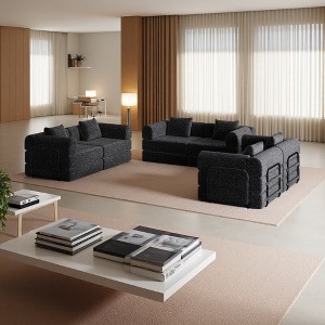 6-Seater Chenille Fabric Folding Convertible Sofa with Side Storage & Cushions - 1 of 4