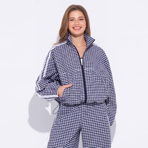 Women's Lace Trim Track Jacket - Wild Fable™ Navy Blue Gingham XXL