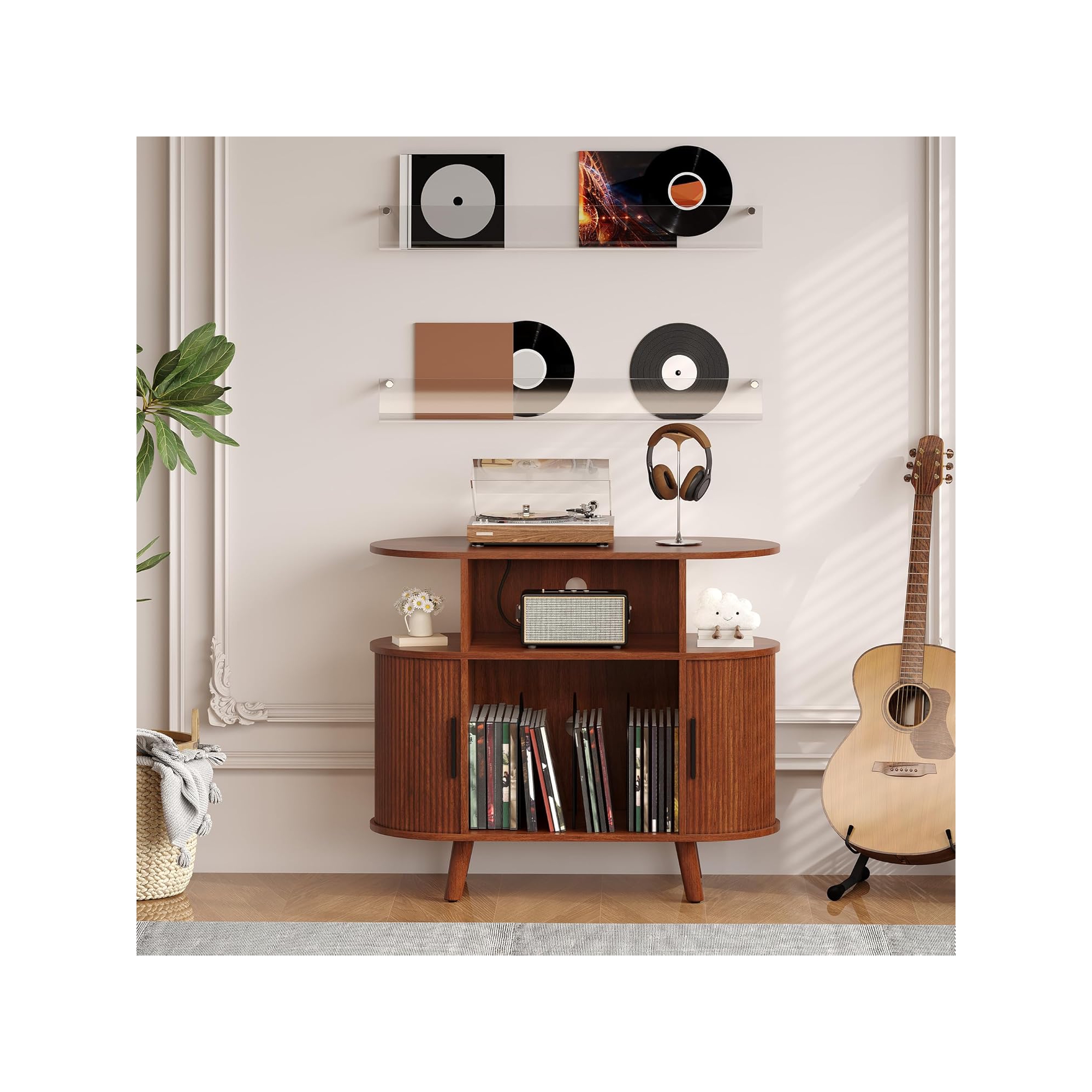 Large Round Record Player Stand w/ Charging Station & Vinyl Storage - Rustic Mid-Century Open Shelf Turntable Cabinet