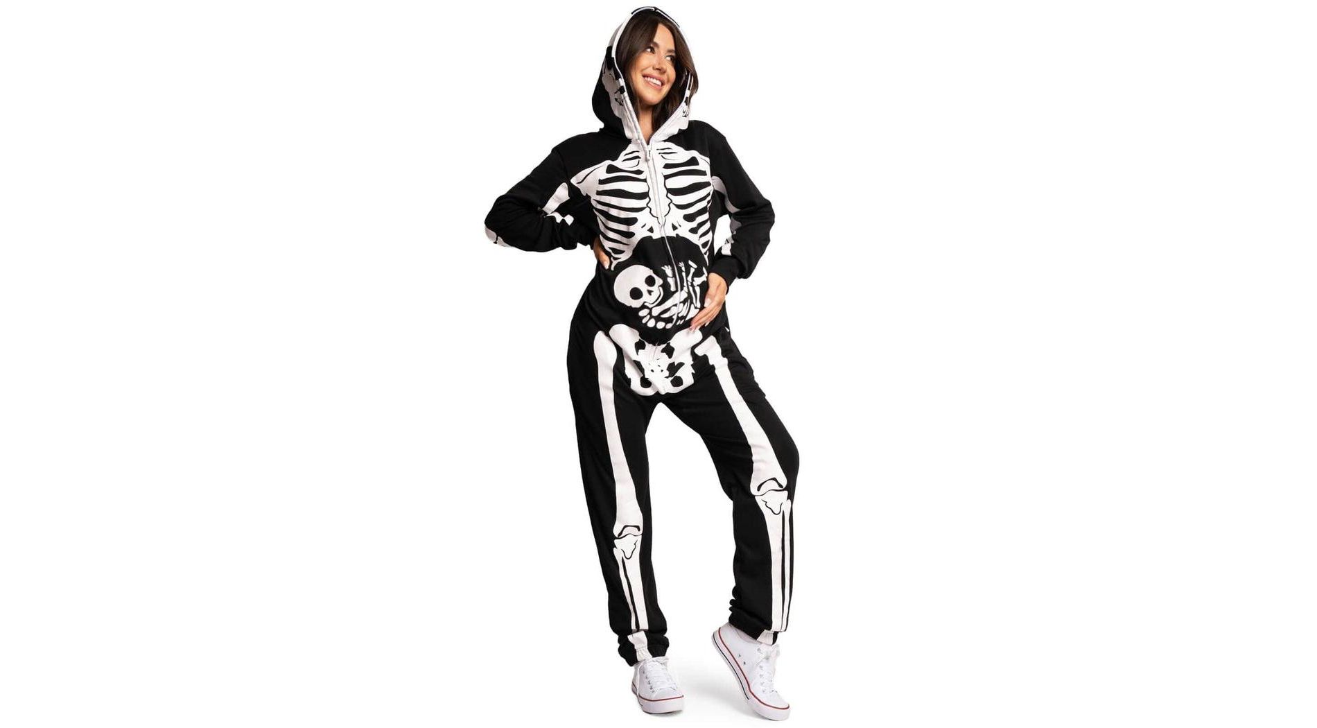 Tipsy Elves Halloween Pregnant Skeleton Maternity Costume for Women - Adult Jumpsuit Costume - Front and Back Print with Zip Up Mask